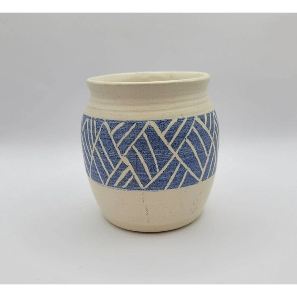 Studio Pottery Blue & White Geometric Pattern Signed 4